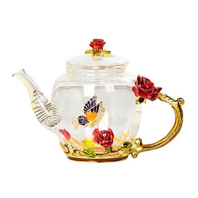 Teekanne aus Emaille-Kristallglas mit roter Rose und Blumenmotiv für heiße und kalte Getränke, Trinkgeschirr für Zuhause, Büro, Wasserkocher, Teeservice, Kaffeekanne