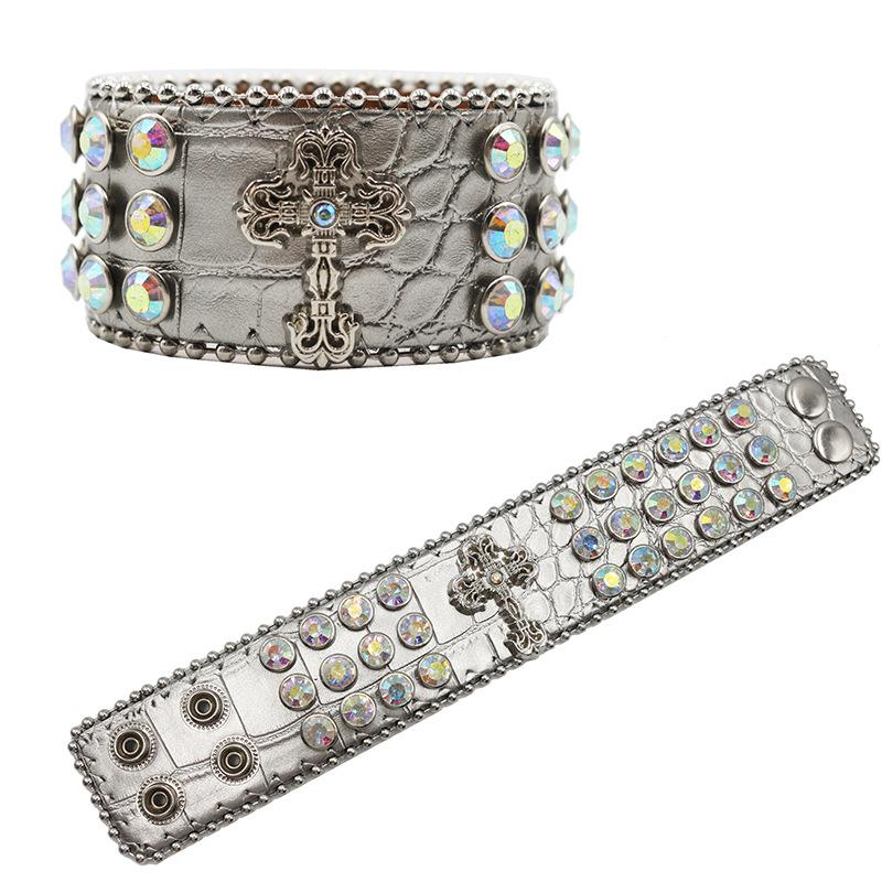 Designed PU Leather Bracelet European and American Hip-hop Punk Full of Diamonds and Rhinestones Bracelet