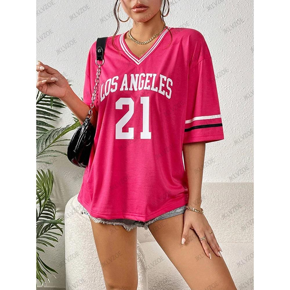 Nuova T-Shirt Stampata Los Angeles N.21 da Donna Estate Scollo a V Manica Corta Sportiva Maglia da Calcio Y2K Top Larghi Oversize