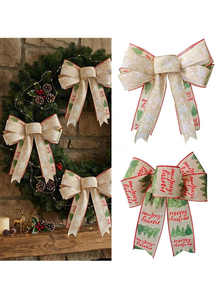 Double Layer Christmas Ribbon Accent Set of 2, Fabric Hanging Pieces for Tree Entry Wall Wreath and Gift Finish