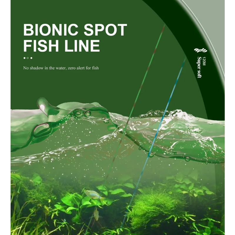 120M Färgglad Super Osynlig Fläckig Fiskelina Monofilamentlina Fläckig Fluorkarbonbelagd Karpfiskelina Pesca