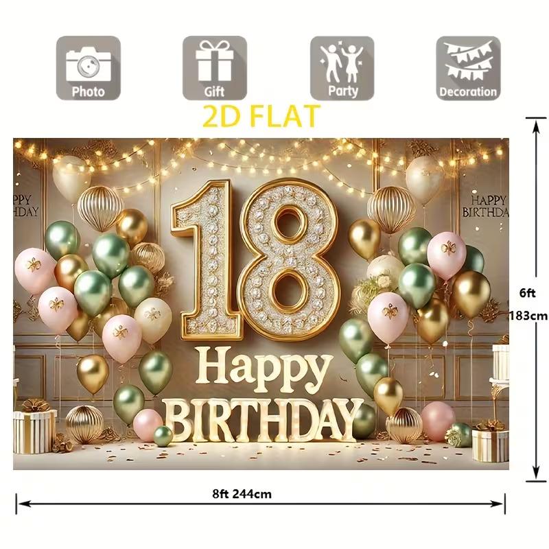 2D Flat Print Beige Gold 18th Birthday Tapestry Backdrop with String Lights