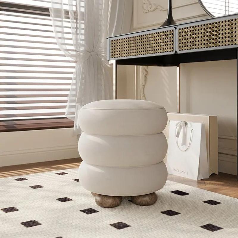 Sgabello da Toeletta Lussuoso Stile Cremoso - Sgabello Rotondo in Lana per la Camera da Letto delle Ragazze, Pouf Decorativo Minimalista, Comodo Poggiapiedi