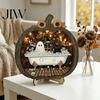 Fall Harvest Home Decoration Halloween Ghost Wooden Tabletop Ornament, 2D Flat Cute Reading Bathing Autumnal Literary Art Gift Watering Plaque