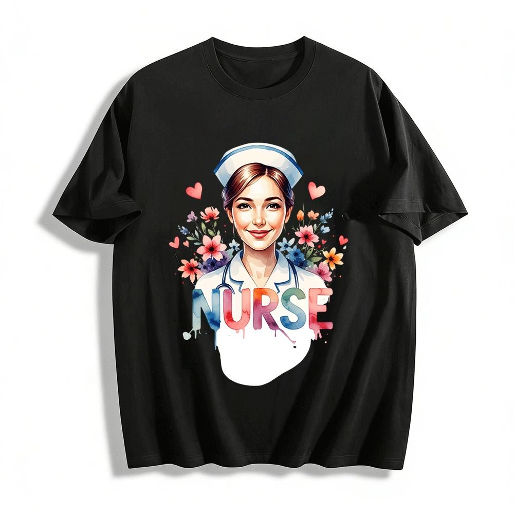 Warm Healing Nurse Themed Print Casual Top Pure cotton T-shirt XXS