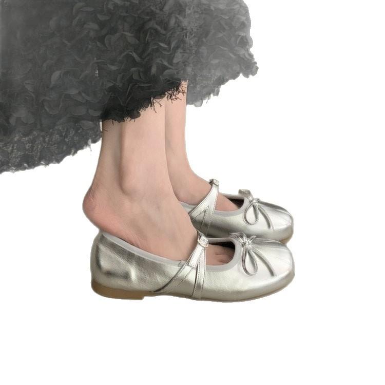 Leather platform silver ballet single shoes women's 2025 new summer wear Mary Jane with skirt small leather sandals burst