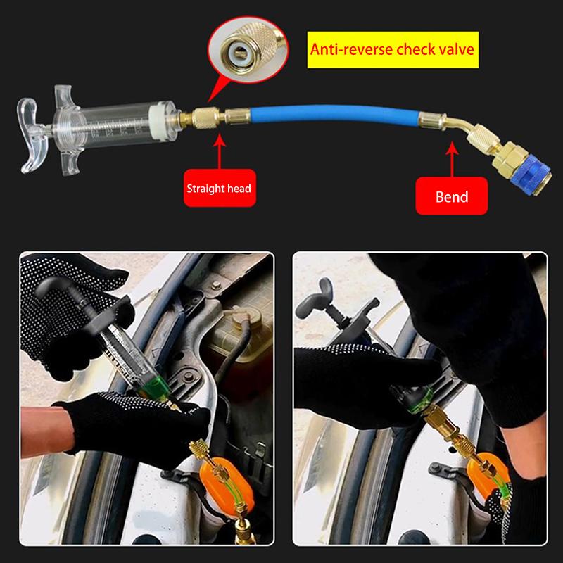 Bil A/C olje/fargeinjektor 30Ml 1Oz med lavside hurtigkoblingsadapter 1/4 klimaanlegg Automotive oljeinjeksjonssprøyte