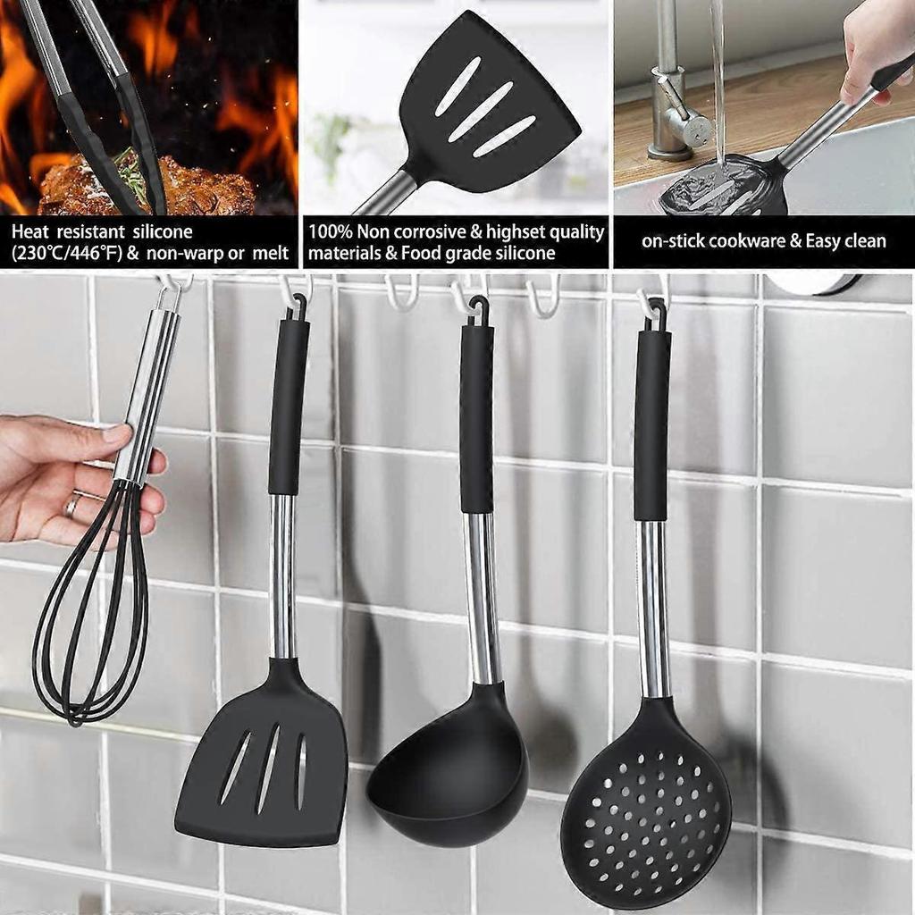 Silicone cookware set, 15 piece silicone cookware set, non-sticky-best kitchen cookware with stainless steel handle-black