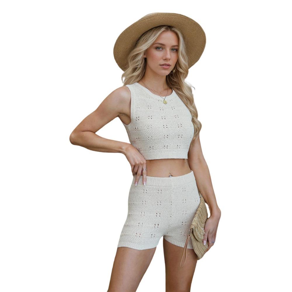 Summer Women's Slim Round Neck Vest Shorts Fashion Knit Suit