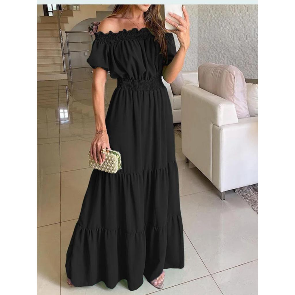 LYRIA Solid Boho Dress Women Fashion Elegant Beach Party Dress Casual Slash Neck Office Maxi Dresses For Woman Robe Femme