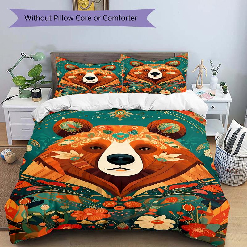3pcs bedding set Floral Bear Includes 1 Comforter + 2 Pillowcases, Without Pillow Inserts, Soft Comfortable, Lightweight Breathable034