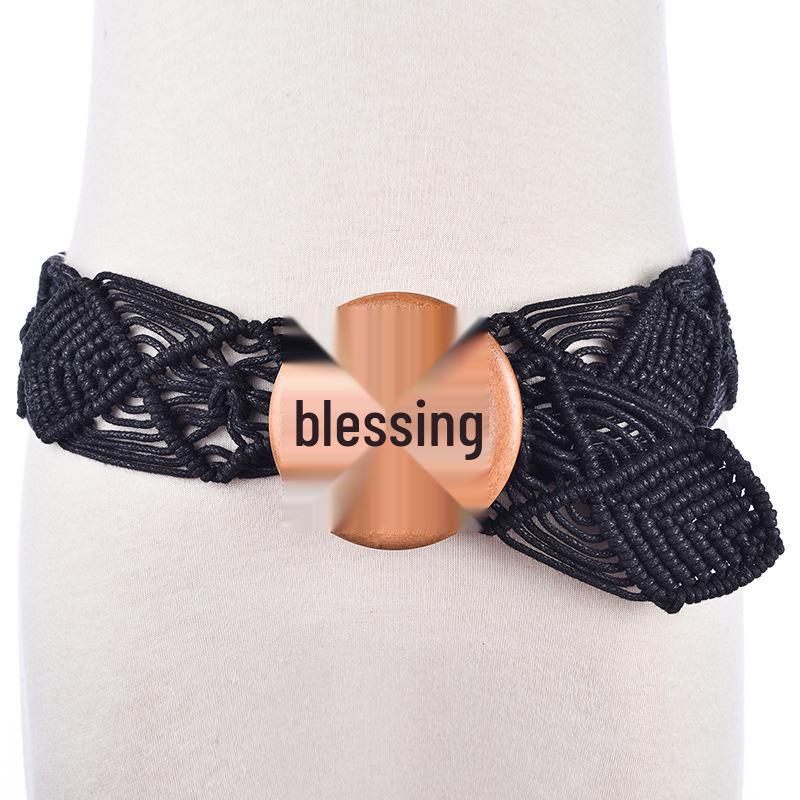 Ethnic Handmade Wax Rope Belt with Wood Buckle and Beads 100-135cm