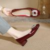 French High Heels Spring Rhinestone Medium Heel Patent Leather Red Wedding Shoes Square Head Shallow Mouth Low Heel Single Shoes