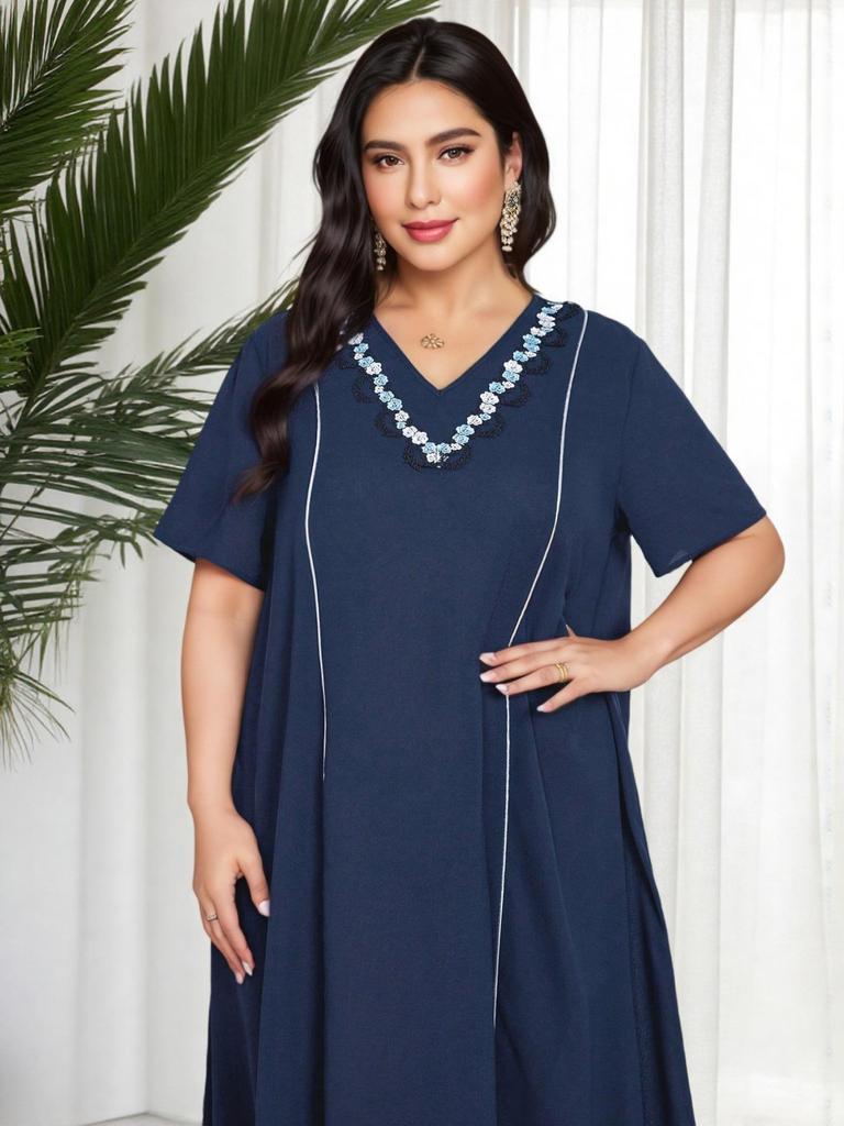 Plus Size V-Neck Slimming Dress: Tummy-Covering, Waist-Cinched with Wide Hem - New Summer Fashion
