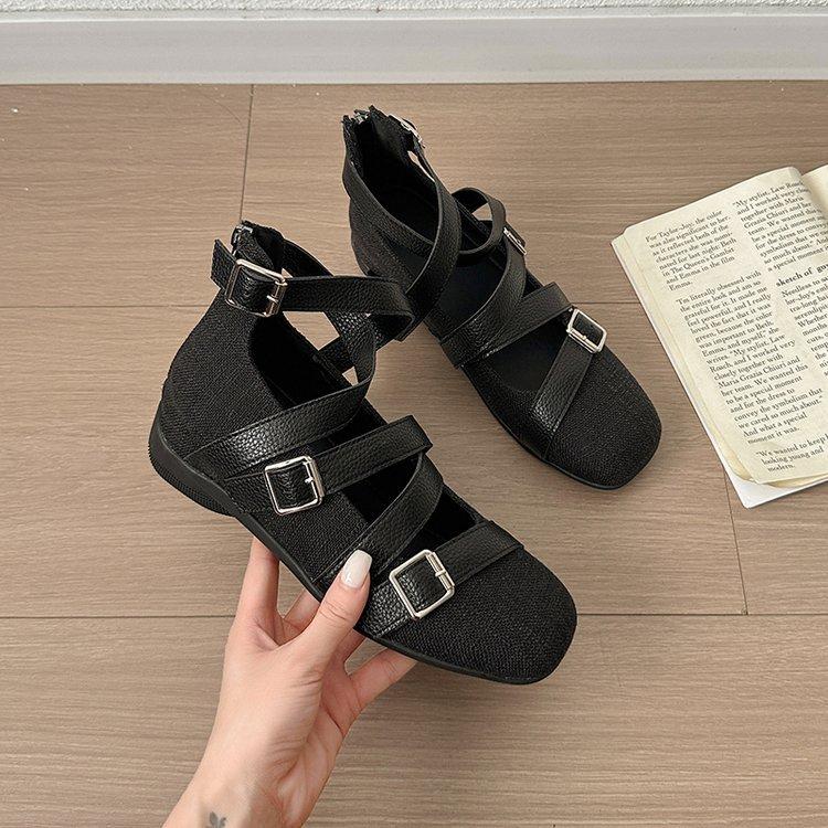 Amano Retro Cross Heightening Ballet Shoes Women's 2025 New Square Head Flats Sandals Mary Jane Single Shoes