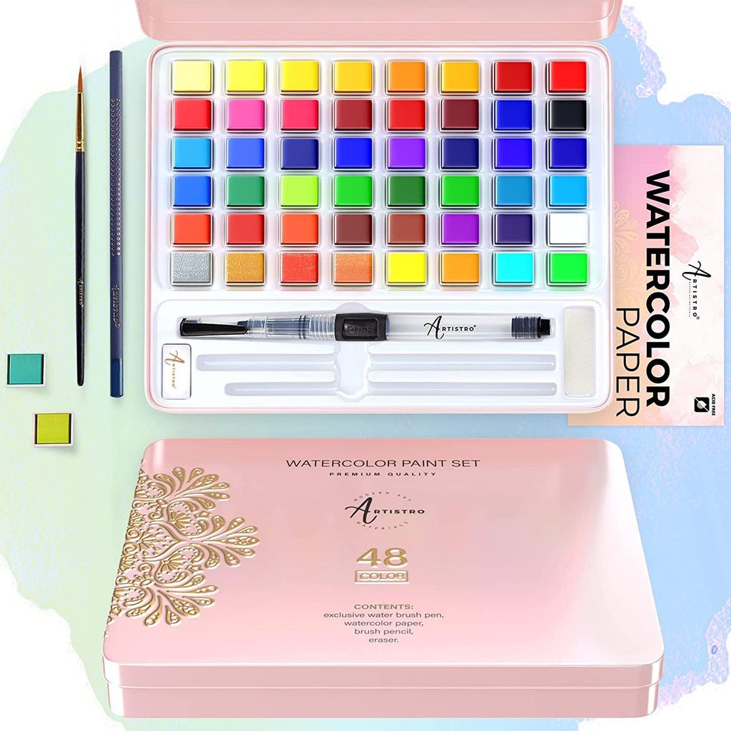Artistro Watercolor Paint 48 Vibrant Tin Includes 4 Metallic and 4 Fluorescent Watercolor Paints for Adults and Art Supplies for Beginners and