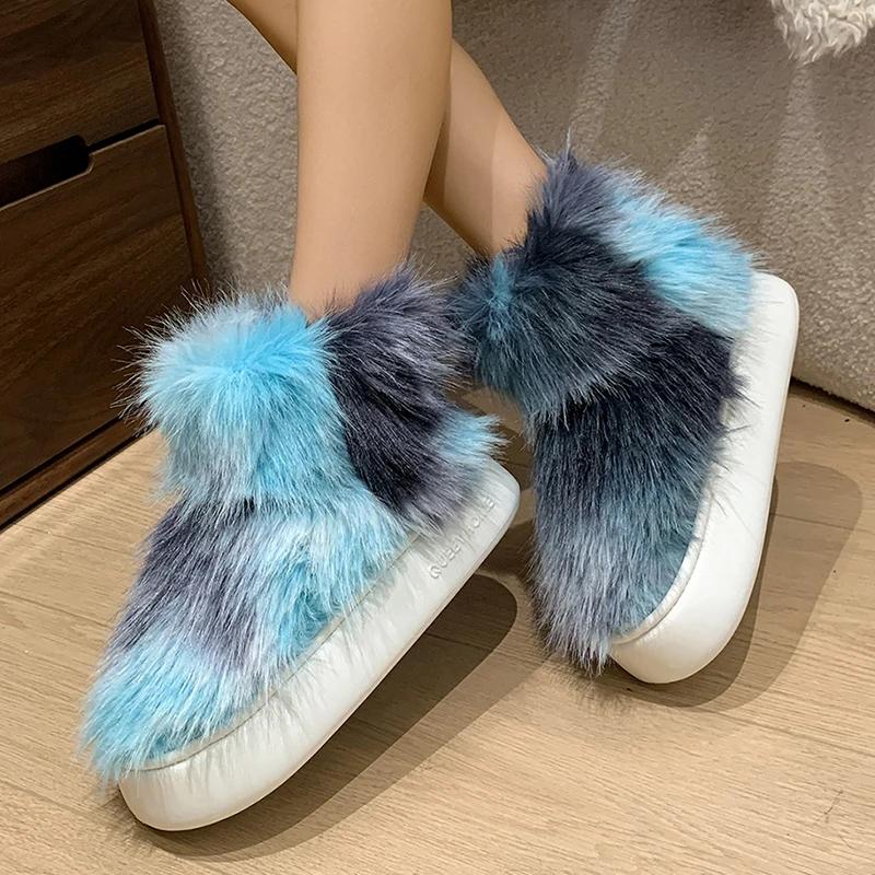 Fashion Tie Dye Fluffy Fur Boots Women Winter Plush Warm Snow Boots Woman Street Style Thick Sole Non Slip Cotton Padded Shoes