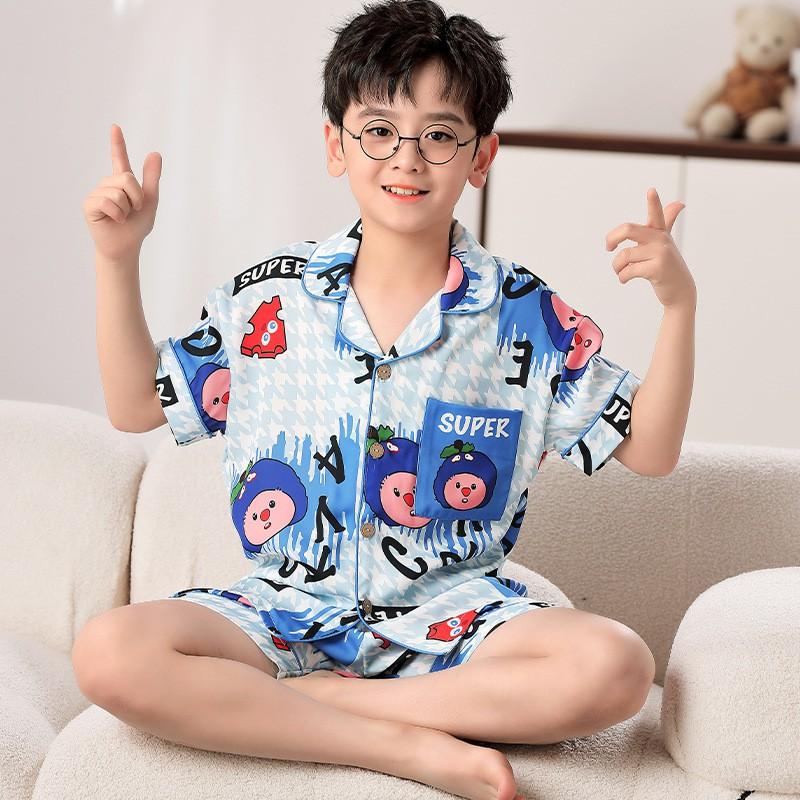 Boys Pajama Set Ice Silk Short Sleeve Cartoon Sleepwear Kids 8 Years Home Loungewear