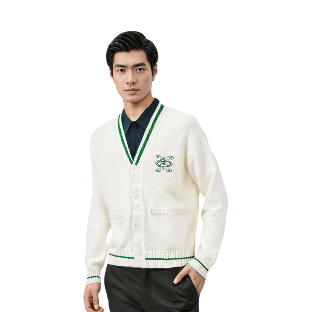 Li Ning Sports Lifestyle Series Daqian World Collaboration Embroidered Letter Single-Breasted V-Neck Long Sleeve Knit Sweater Men Sweater AMBT245-1