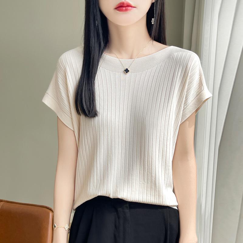 Fashion Slash Neck Women Sweater Ice Silk Spring Summer Women Loose Casual Shirts Short Sleeve Top