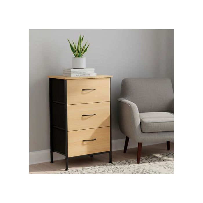 Komoda z drewna i tkaniny - COLOR BABY S.L - 40x30x75 cm - 3 szuflady - Efekt dębu - Metalowa konstrukcja