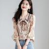 Vintage Flower Print Bow Shirt Women Clothing Summer Three Quarter Sleeve Tops Loose Sweet Blouse