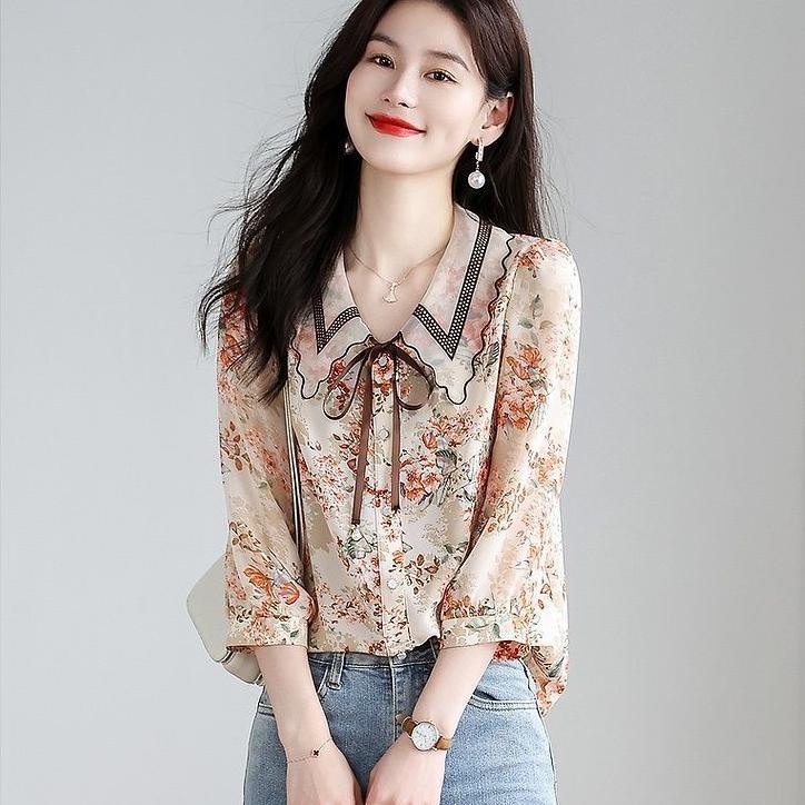 Vintage Flower Print Bow Shirt Women Clothing Summer Three Quarter Sleeve Tops Loose Sweet Blouse