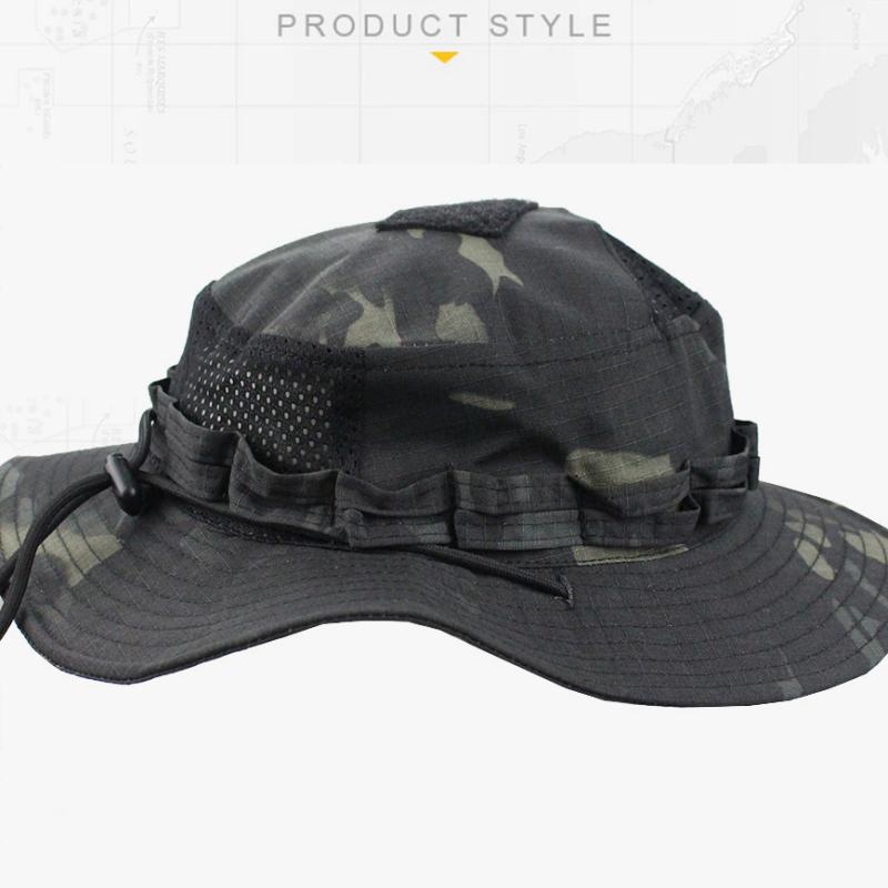 

Men Camouflage Tactical Wide Brim Bucket Hat Summer Outdoor Sun Hat Fishing Hiking Cap Adjustable Chin Strap Hat Man Breathable Camouflage Cap 60（57-60 cm） синій