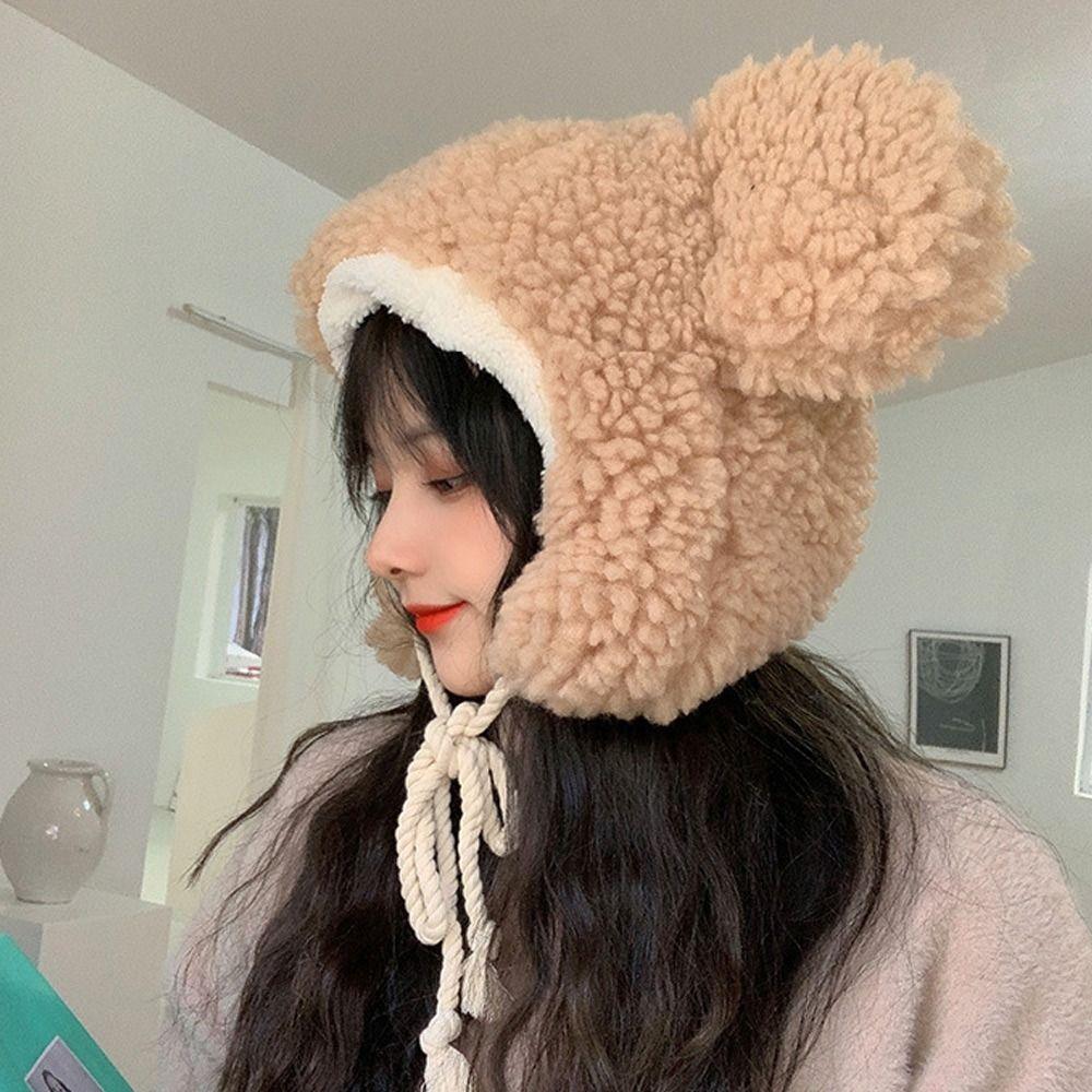 Cute Bear Ears Bomber Hats Cashmere Cycling Cap Fashion Windproof Cap  for Women