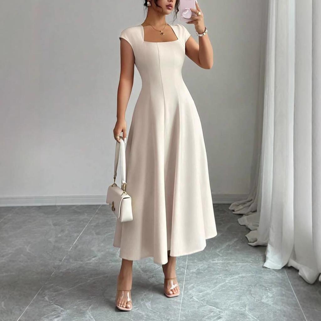 Vestido Elegante Largo de Manga Corta con Escote Cuadrado para Mujer