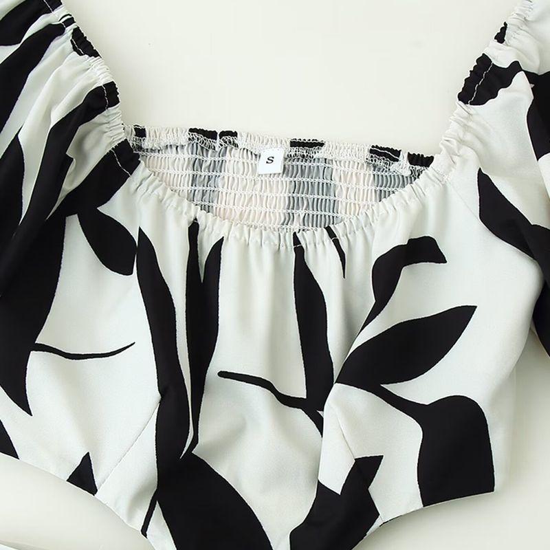 Kaslead New Women clothes Western Style Fashion Simple Hollow Waist Decorations Print Dress