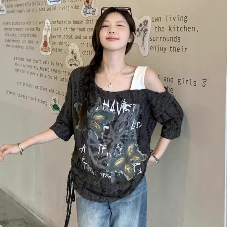 2025 Summer Chic Butterfly Off-Shoulder Women's Distressed Short Sleeve T-Shirt