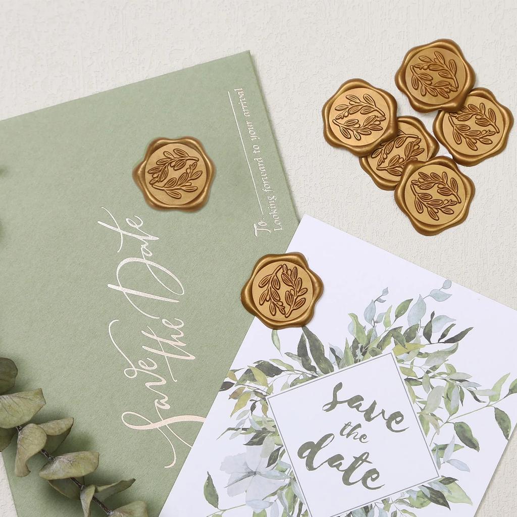 60pcs Wax Seal Stickers - Olive Branch Wedding Invitation Envelope Seal Stickers, Self- Adhesive Prosecco Light Gold Stickers