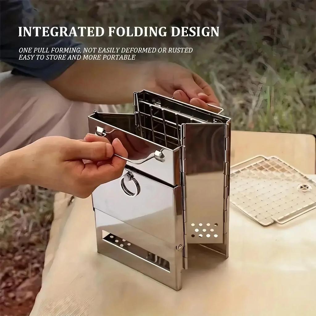 Portable Folding Stainless Steel Charcoal Stove Lightweight Wood Burning Camp BBQ Grill For Outdoor Cooking