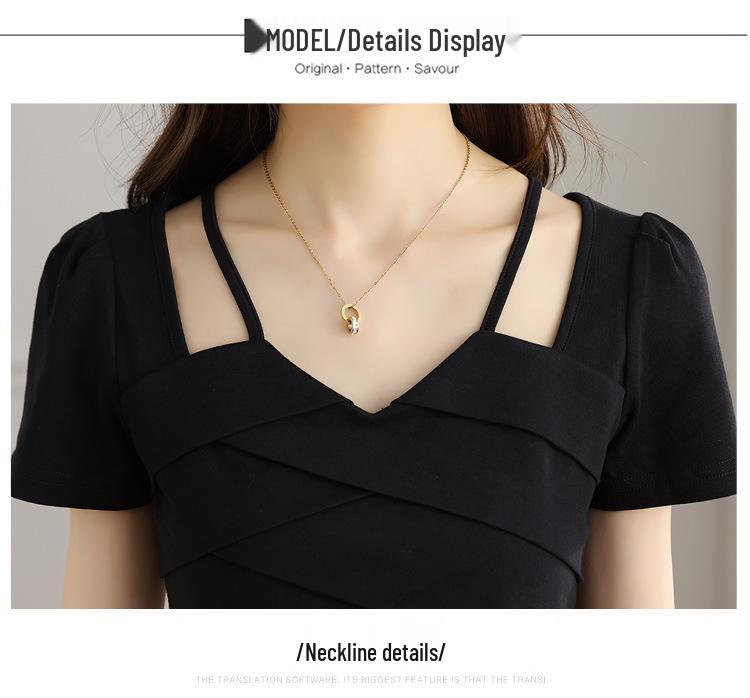 Elegant Black French Halter Neck A-line Dress – Women's Summer Waist-Cinching Long Short-Sleeved Dress