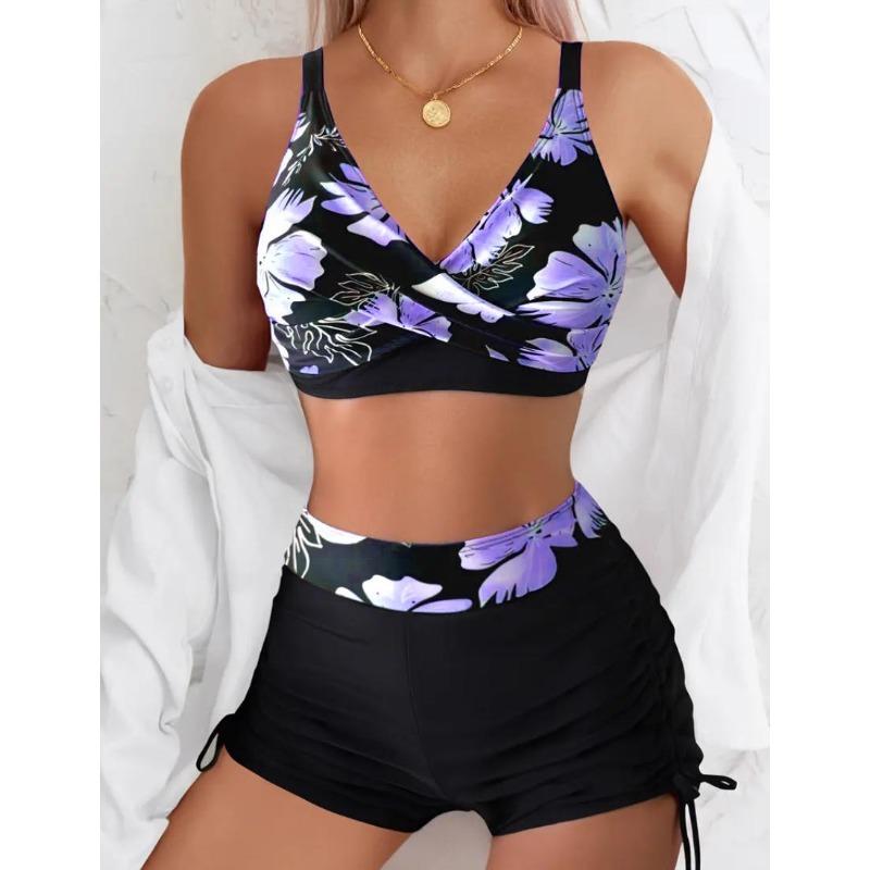 Kostium kąpielowy dwuczęściowy damski Kontrastujący Kwiatowy Krzyżowe Ramiączka Halter Bikini Bikini Split Sportowy Obcisłe Dopasowanie