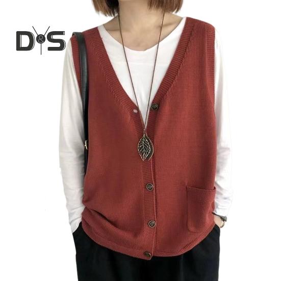 Women Knitting Vest V-Neck Sleeveless Single Breasted Warm Waistcoat Solid Color Loose Fit Knitted Tank Tops with Pockets