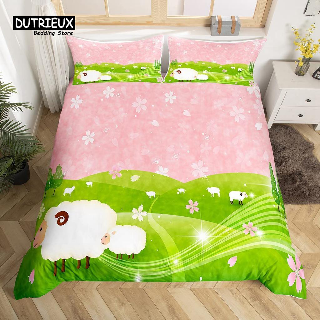 Cartoon Sheep Farm Animals Duvet Cover Set, Butterfly Princess Bedding Set, Soft Comfortable Breathable Duvet Cover