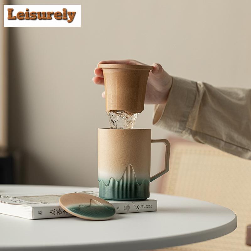 430ml Mountain Sea Ceramic Mug Tea Cup with Lid Tea Infuser Vintage Coffee Cup Japanese Breakfast Cups Handle Personalized Gifts