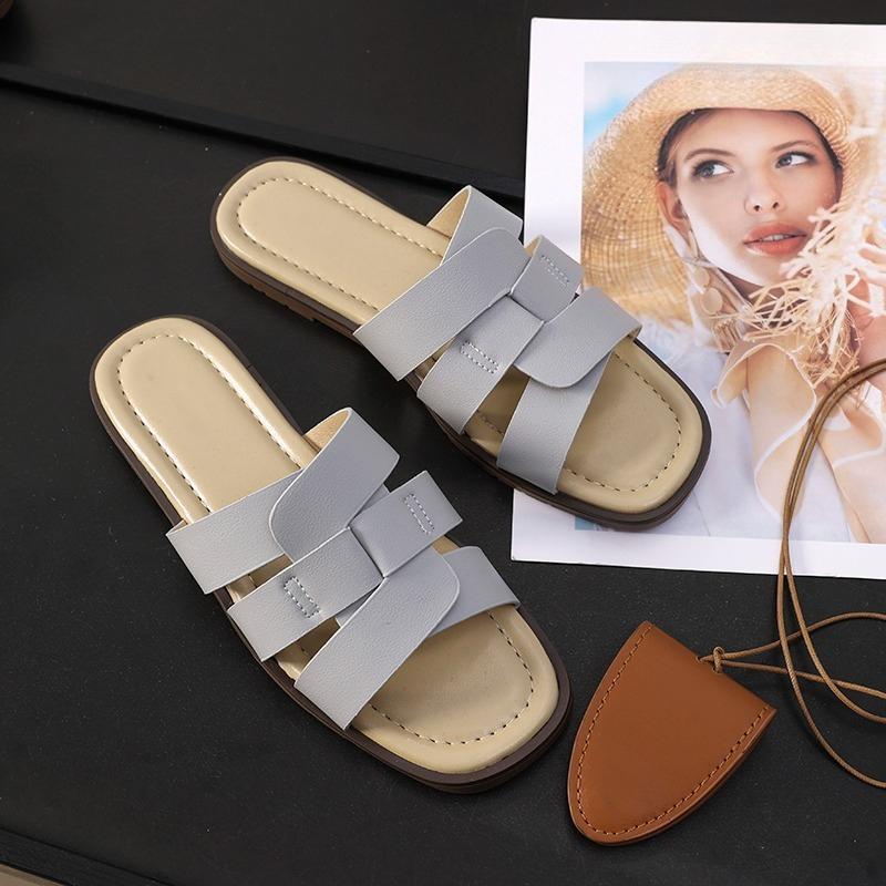 Fashion French Flat-soled Sandals for Women in Summer, New Square-toe Hollow-out Soft-sole Beach Vacation Flip Slippers