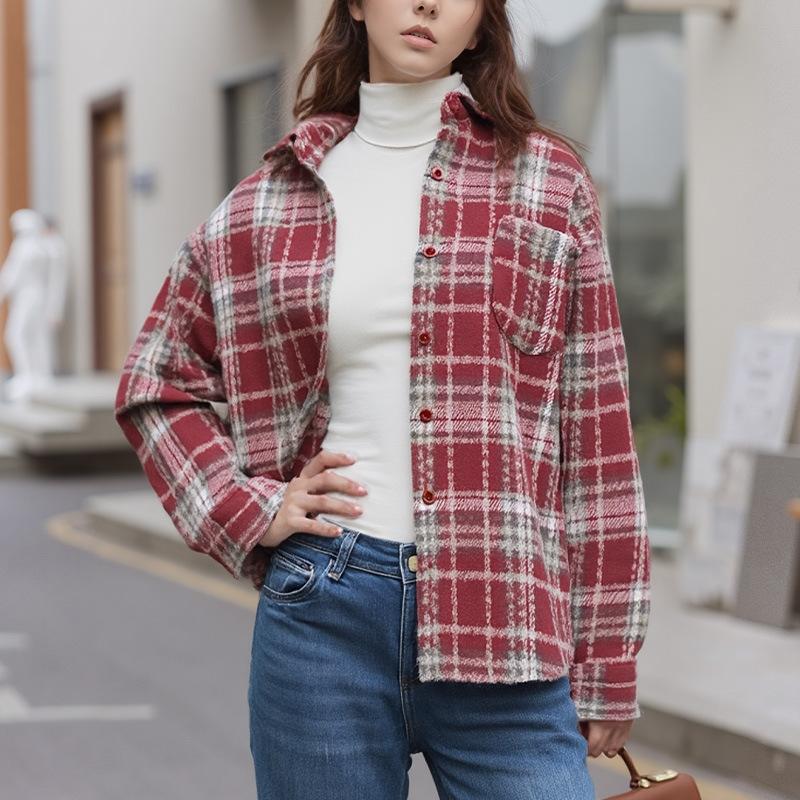 Spring and Autumn New Trend American Retro Wool Plaid Shirt Women's Loose Casual Lazy Lapel Long Sleeve Shirt