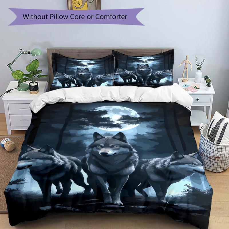 3pcs Wolf Pack Moonlight Bedding Set Down Comforter Cover and Pillowcases, Suitable for All Seasons(No Insert)-0729075
