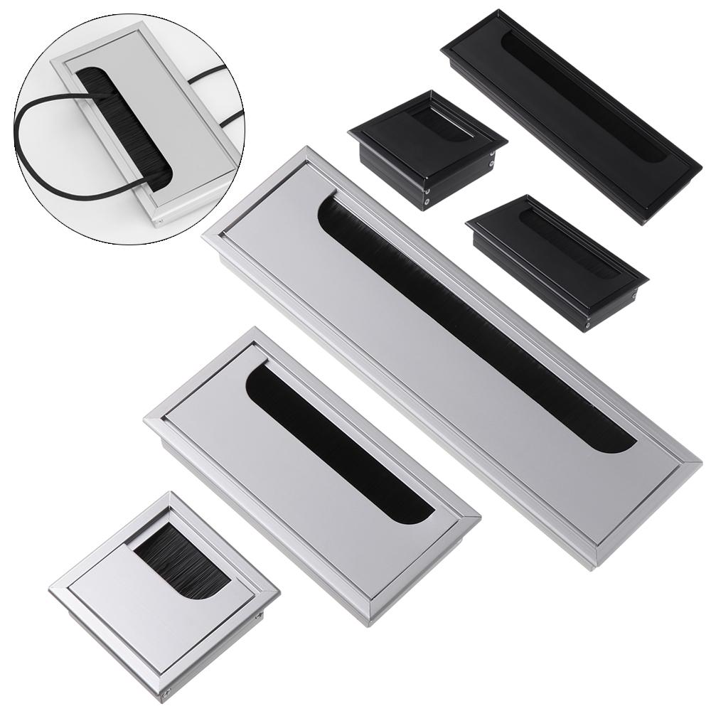 Aluminum Alloy Grommet Hole Cover Outlet Port with Black Brush Rectangle Wire Cable Holder For PC Office Table Desk