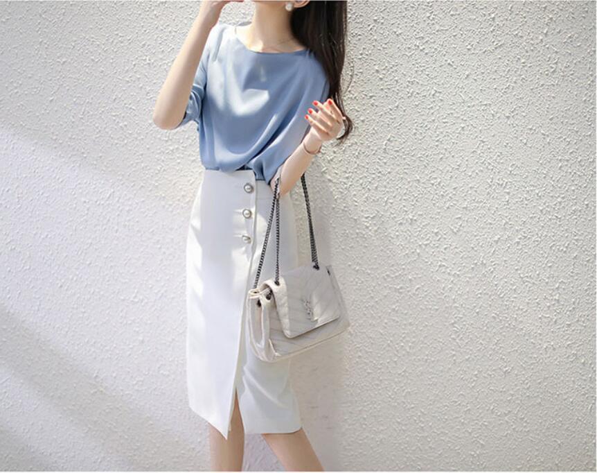 Korean Style Satin Three-Quarter Sleeve Women's Slimming Top