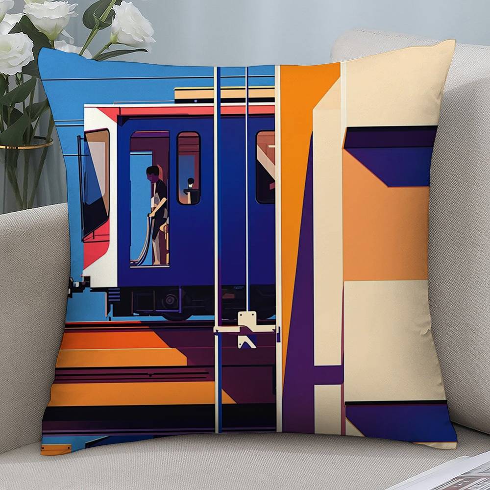 Color Block Train Minimalist Style Pillow Case Short plush Double-sided Print Square Throw Pillow Covers Sofa Home Cushion Decor