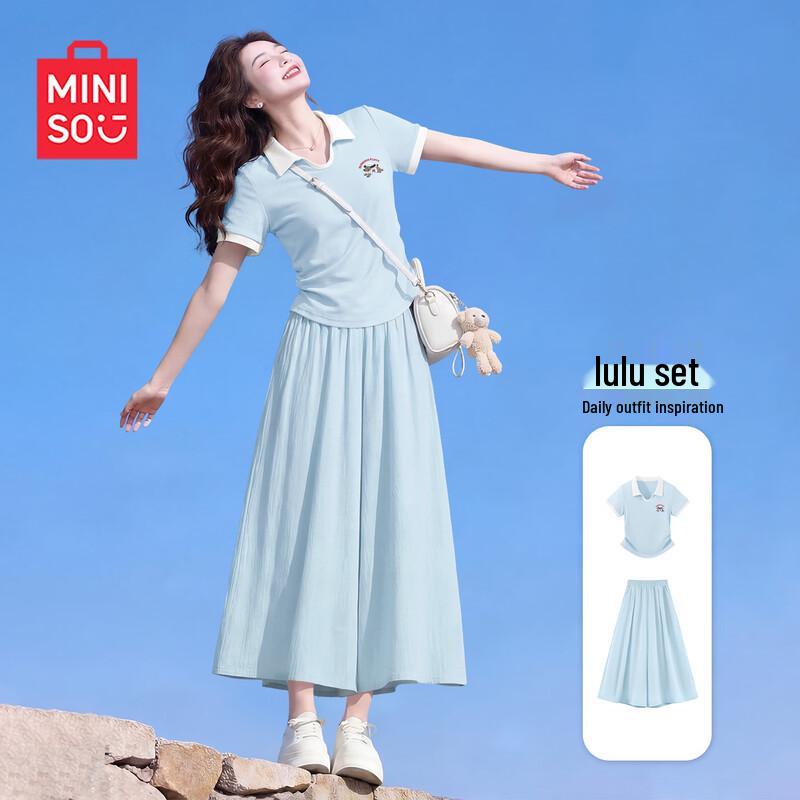 MINISO Women s Academy Style Polo Short Sleeve & Cropped Pants Set L
