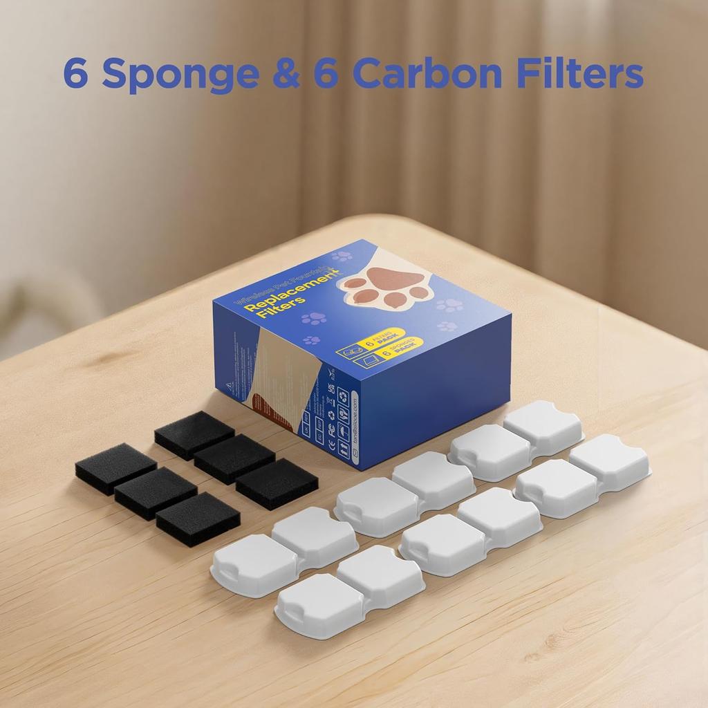IHOUONE Official Cat Fountain Filter: 12 Cat Water Fountain Filter Replacement - 6 Carbon Filters & 6 Foam Filters - Suitable for IHOUONE Stainless