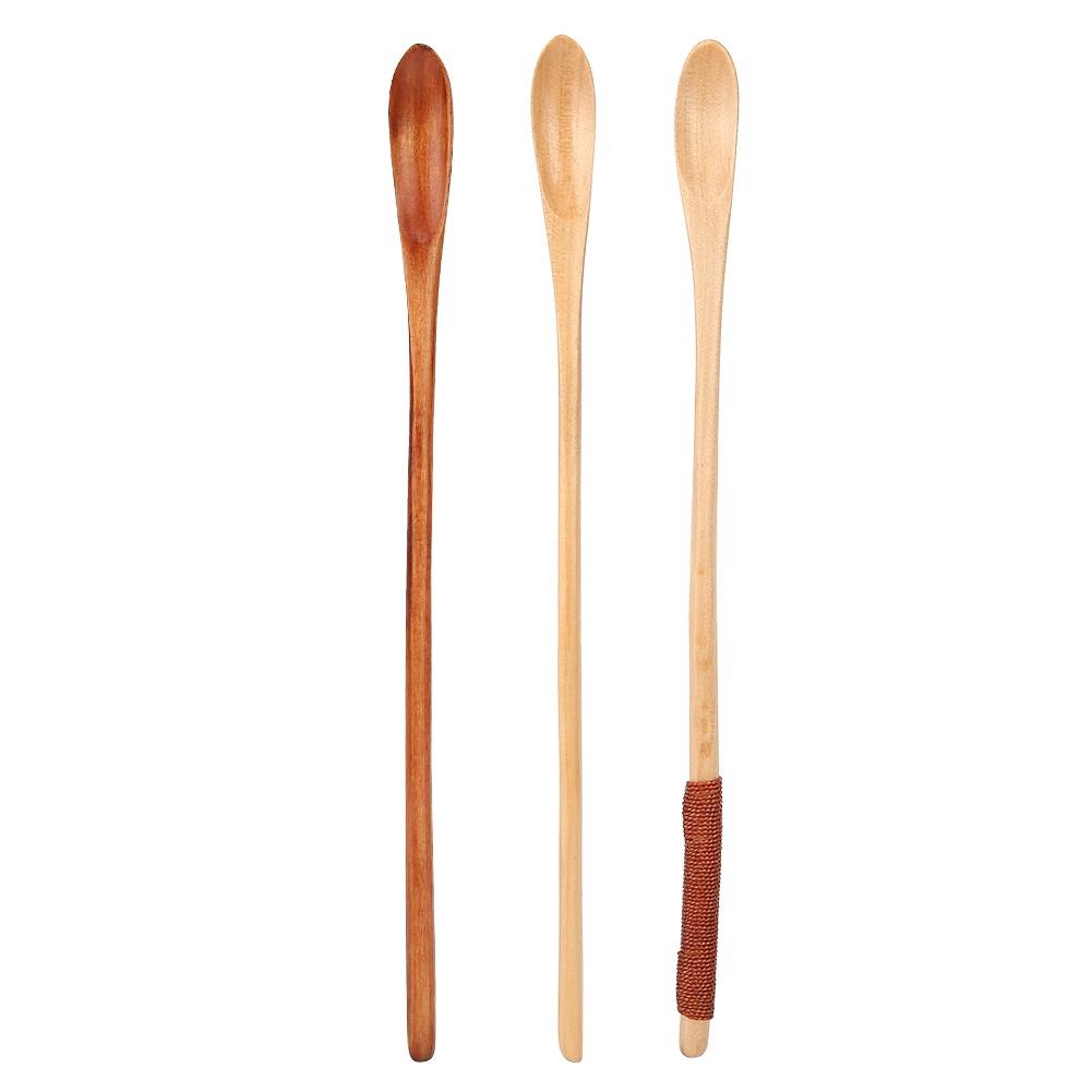 

3Pcs Long Handle Wood Spoon Kit Coffee Milk Honey Mixing Stirring Spoon Kitchen Tableware