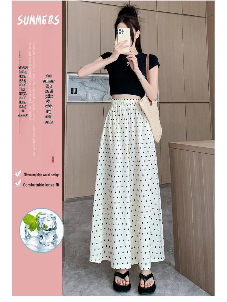 2024 Women's High-Waist Polka Dot Wide-Leg Skirt Pants - Korean Style, Summer, Nine-Point Length