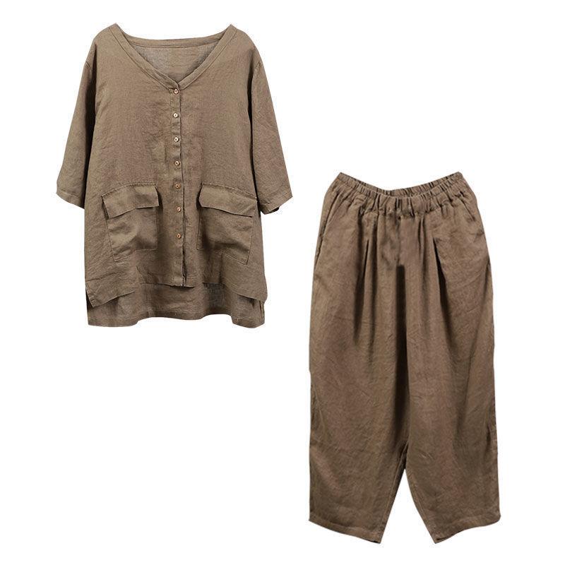 Literature Pants Sets Vintage Half Sleeve Loose Solid Shirts and Casual Harem Pants Korean Style Two Piece Sets Women Outfits